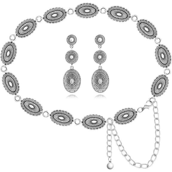 Cowgirl Belt for Women Western Jewelry Set with Western Earrings, Concho Belt Matching Country Concert Outfit, Vintage Cowboy Earrings as Cowgirl Jewelry Boho Outfit