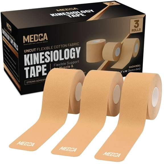 Kinesiology Tape Rolls – Pack of 3 (2 Inch x 16 Ft / 5cm x 5m) – Latex-Free Breathable Cotton, Strong Adhesive Sports Tape for Muscle & Joint Support, Water-Resistant & Sweatproof – Beige