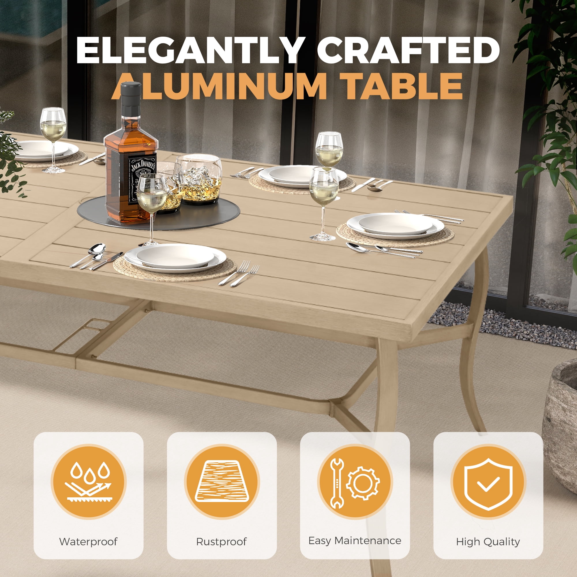 HAPPATIO Aluminum 9 Piece Patio Dining Sets, Outdoor Dining Set for 8, Patio Furniture Sets, 2 Swivel Dining Chairs, 6 Dining Chairs, Aluminum Furniture Set for Patio, Yard (Beige)
