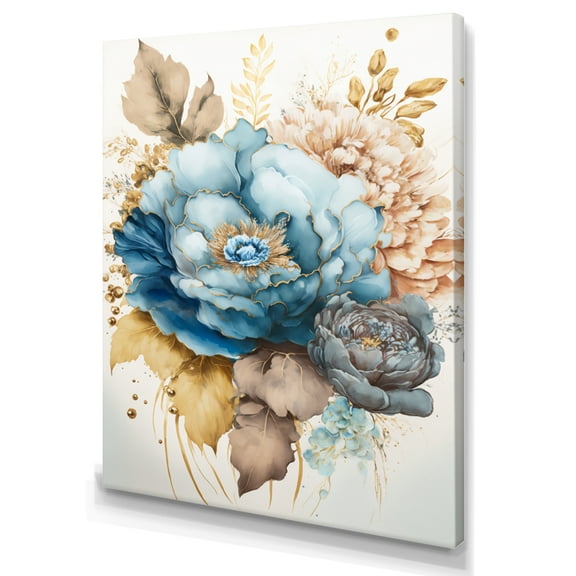 Designart Golden Blue Flower Arrangement III Canvas Wall Art