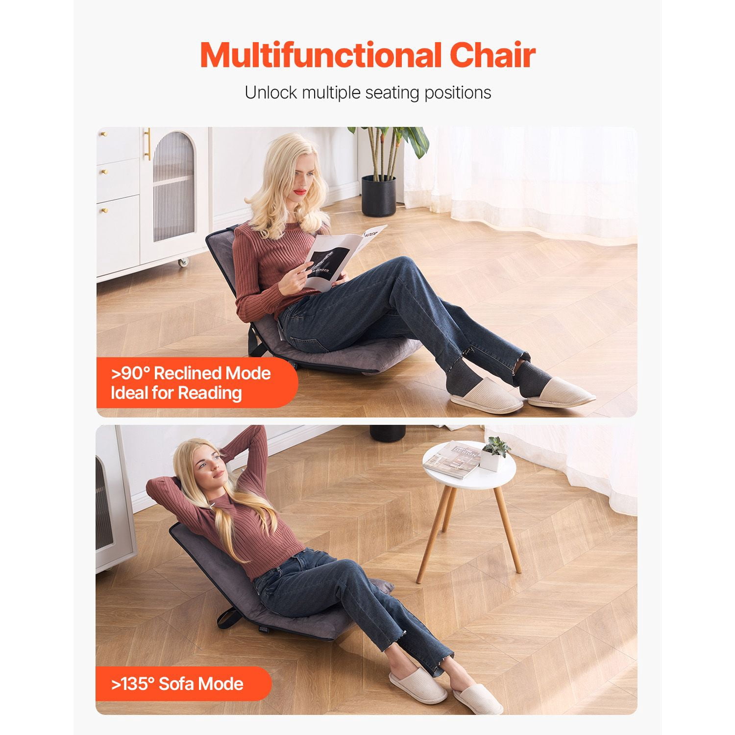 Adjustable Floor Chair with 6 Recline Positions, High-Density Foam, Suede Fabric, Foldable, for Reading Gaming Relaxing