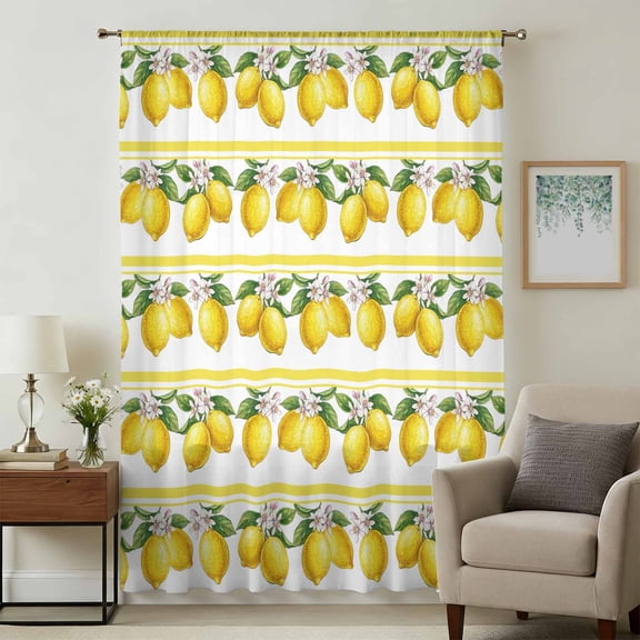 Lemon Summer Sheer Curtains 72 Inches Long, Watercolor Fruits Yellow Stripes Light Filering Curtains, Breathable Simi Curtain Privacy Drapes for Living Room Bedroom Lightweight Window Treatment