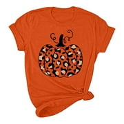 Yedhsi Womens Plus Size Tops Women's Pumpkin Shirt Women Plaid Leopard Graphic Tees Funny Cute Short Sleeve Fall Shirt Thanksgiving Gift Tops