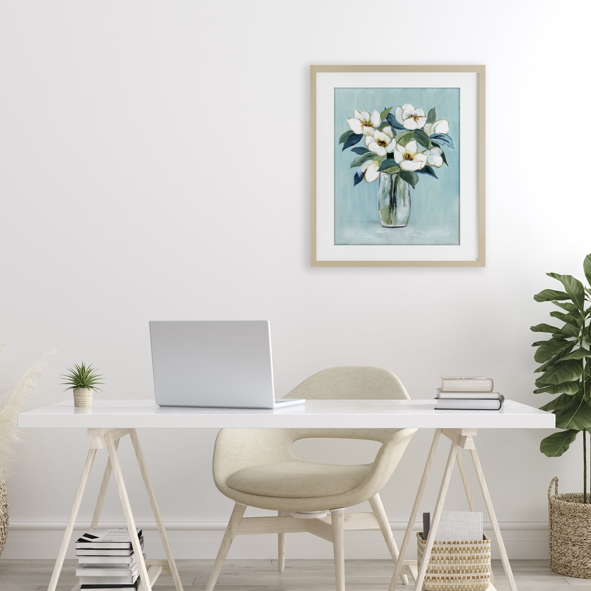 Stupell Industries Magnolia Blossoms on Blue Birch Framed Print Under Glass, design by Janet Tava