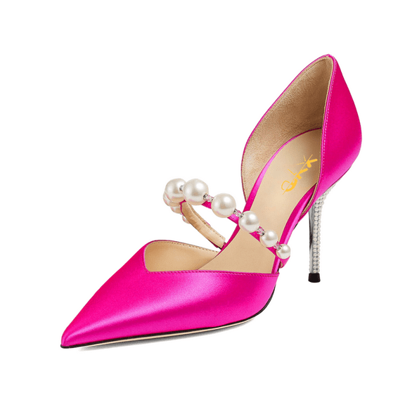 XYD Women Elegant Pointed Closed Toe D'Orsay Stiletto High Heel Pumps Single Strap with Pearls Wedding Shoes Size 7 Pink