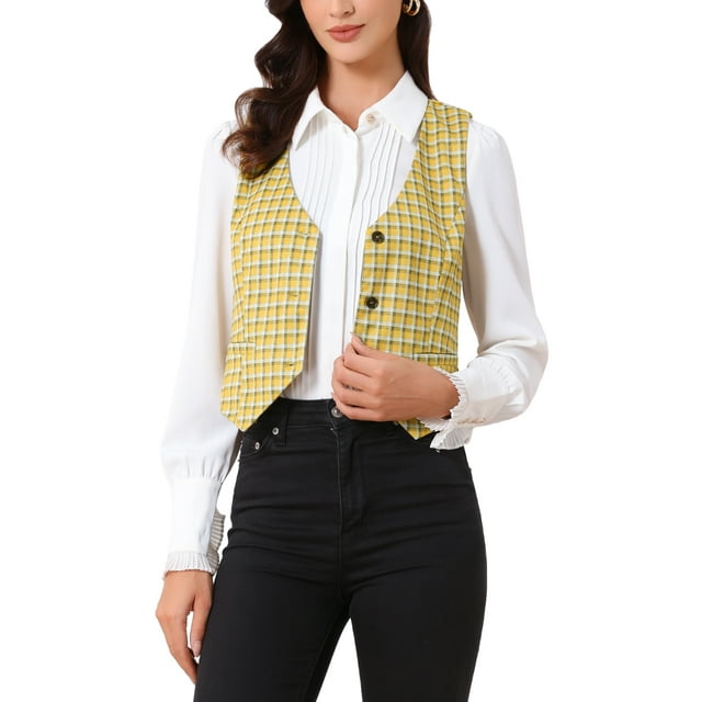 CHALECO SIN MANGAS A CUADROS CON CINTURA AJUSTADA Y BOTONES PARA MUJERES INSPIRADORAS CHIC EN COLOR AMARILLO