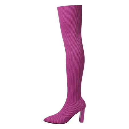 

Classic Retro Fall Winter Women Boots Women High Heel Boots Autumn And Winter Fashion Comfortable Pointed Toe Thick Heel Stretch Knit Solid Color