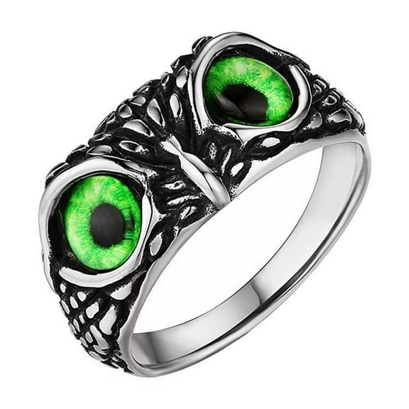 PAMTIER 10MM Unisex Stainless Steel Vintage Gothic Demon Eye Owl Biker Ring with Green Gemstone Eyes Devil Ghost Animal Statement Silver Size 6