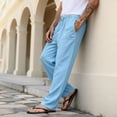 thumbnail image 4 of Domuza Men's Cotton Linen Pants Elastic Waist Drawstring Casual Trouser Lightweight Straight-Legs Loose Beach Yoga Pants Sky Blue XL, 4 of 5