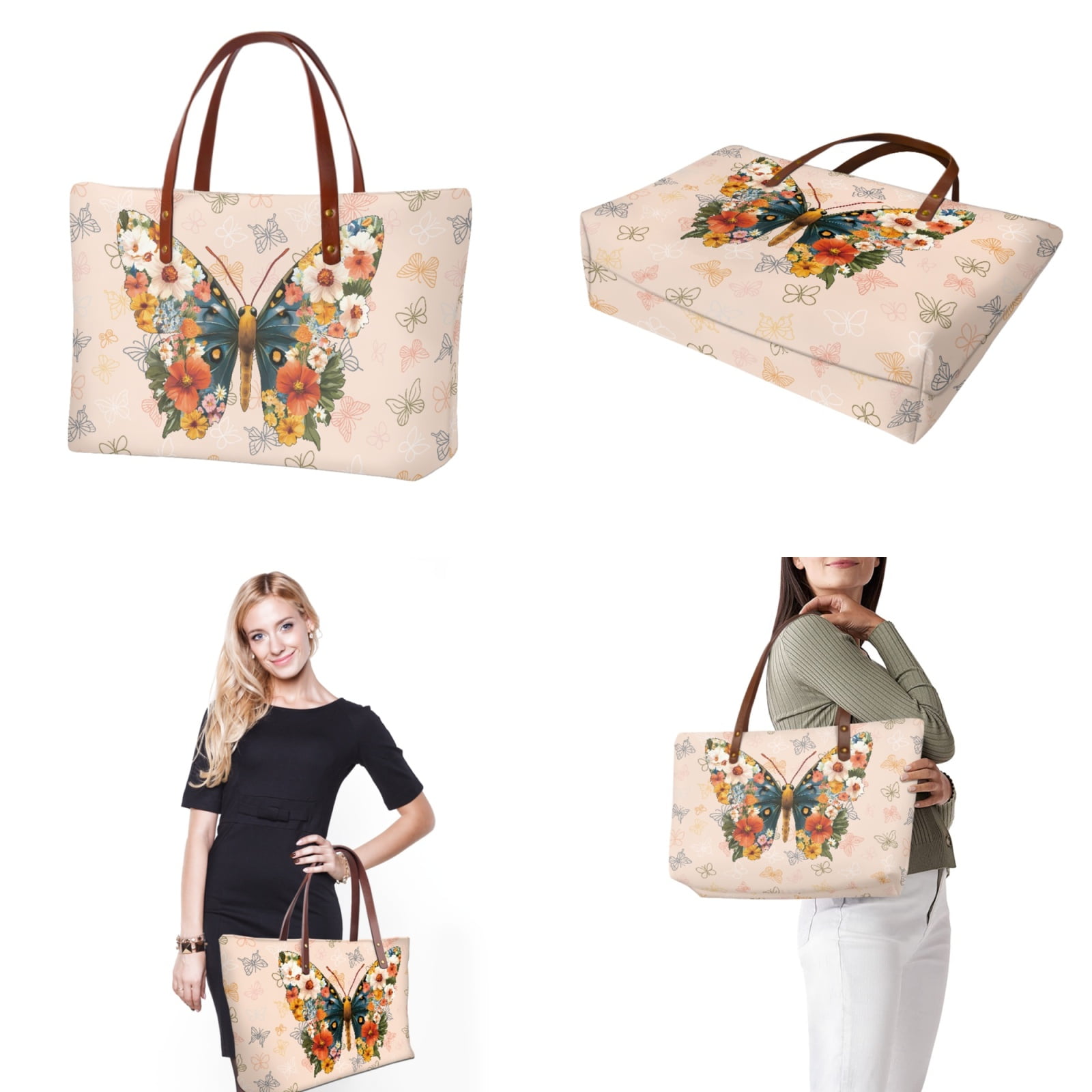ZUXONGSY Abstract Butterfly Tropical Floral Print Top Handle Satchel Purses Set of 2 for Women Large Tote Bag Satchel Handbags with PU Cash Wallet for Hiking Shopping
