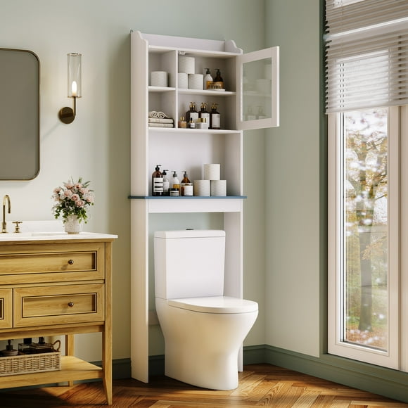 Armoire de Rangement de Salle de Bain Gain de Place au-Dessus de la Toilette – Tablettes Ajustables, Portes en Verre Trempé, MDF Imperméable, Sécurité Anti-Basculement – Organisateur Autoportant pour Petites Salles de Bain, Blanc