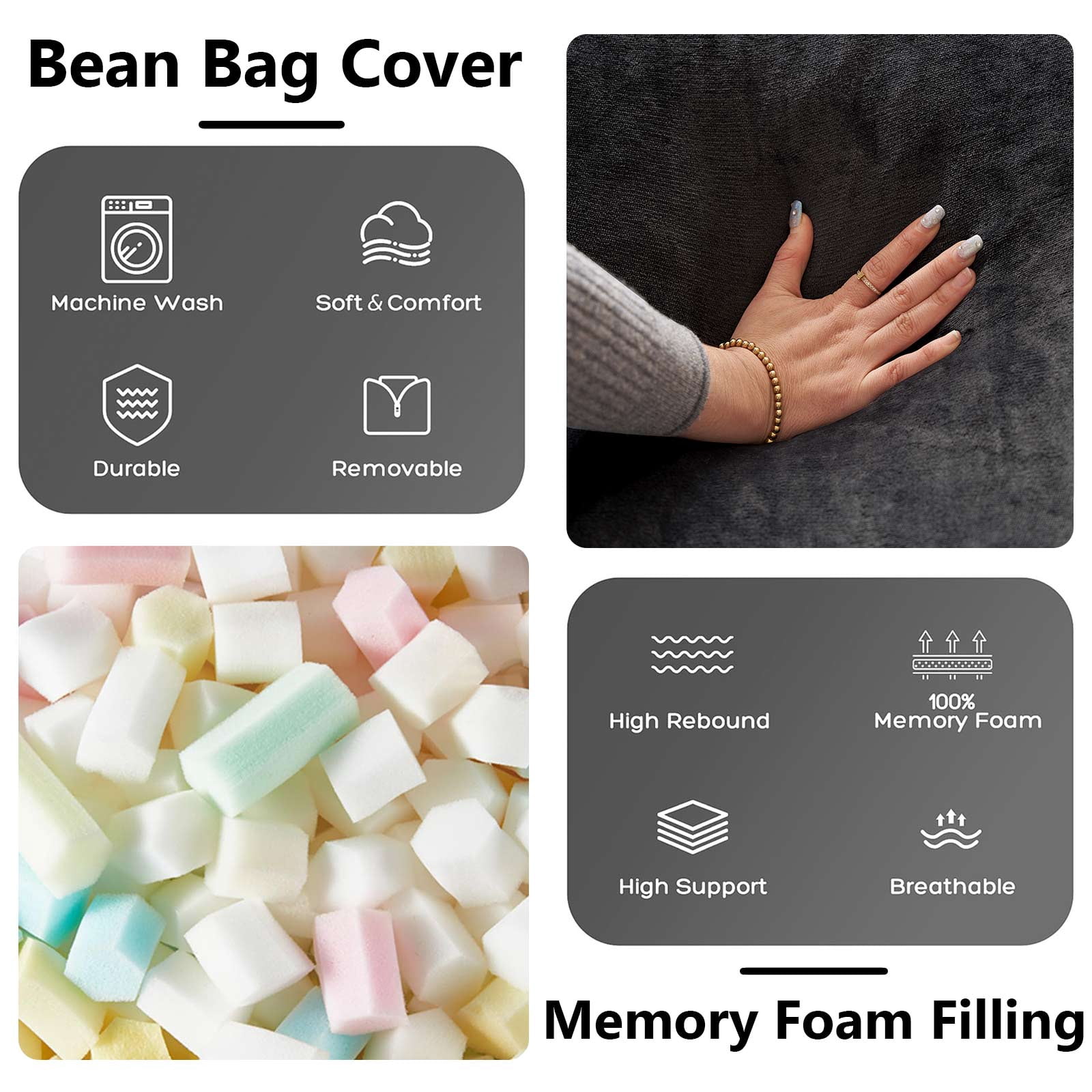 zyoiszvq 4ft Bean Bag Chair for Adults with Filling Memory Foam,Adult Bean Bag Chairs with Removable Flannel Cover,Living Room,Bedroom,Dorm