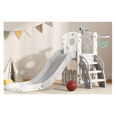 Toddler Slide 6 in 1 Outdoor Playset Indoor for Kids Toddlers Age 1-3 Baby Slide with Basketball Hoop and Ball Storage Space and Telescope Freestanding Climber Slides Toys (Grey)