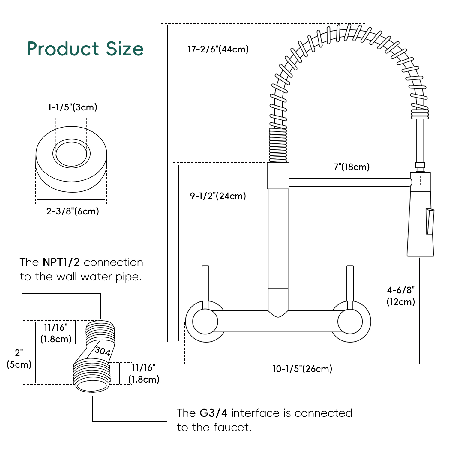 Wall Mount Kitchen Faucet 2 Handles, 8 Inch Center Wall Commercial Utility Sink Faucet with Pull Out Sprayer 2 Modes, Stainless Steel, Matte Black