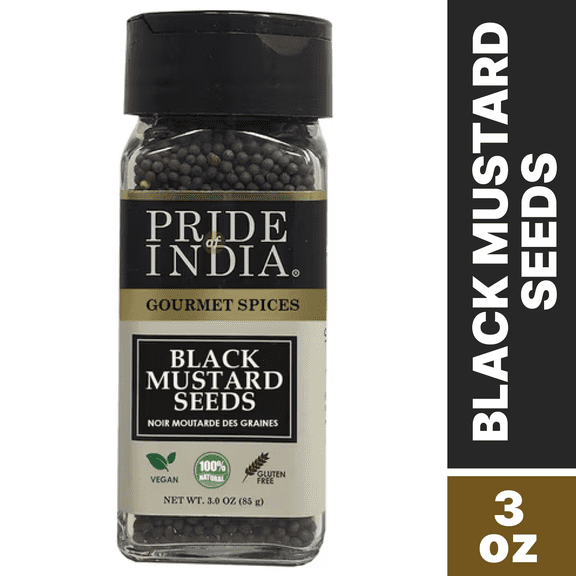 Pride of India – Black Mustard Seed – Gourmet & Vegan Indian Spice – Pungent/Spicy Flavor – Dry Seasoning - Gluten & GMO Free – Easy to Use – 3oz. Small Dual Sifter Bottle