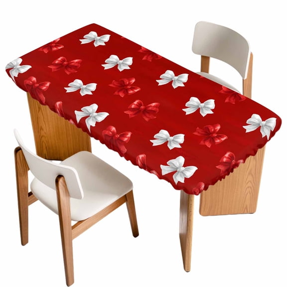 Red White Bow Table Cloths for 6 Foot Rectangle Tables, Modern Art Watercolor Bowknot Patio Waterproof Elastic Fitted Tablecloths, Washable Rectangular Table Cover for Camping