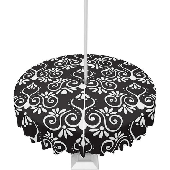 Outdoor Tablecloth Floral Pattern Round Patio Tablecloths 60 Inch, Waterproof Outside Table Cloths with Umbrella Hole and Zipper, Black White Summer Table Cover for Outdoor Tables Garden