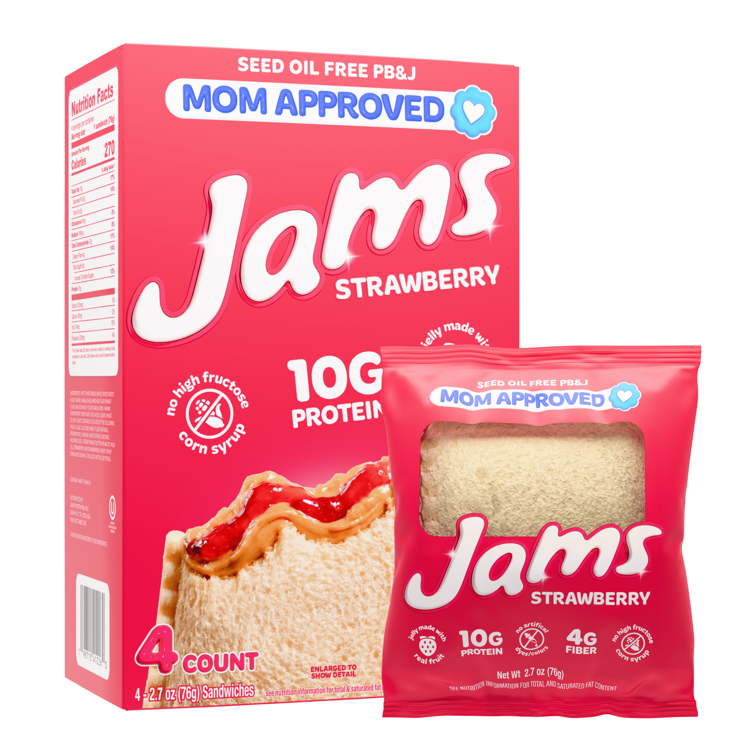 Jams Strawberry Protein 10g Peanut Butter & Jelly Frozen Sandwiches 4 Count, 10.7 Oz