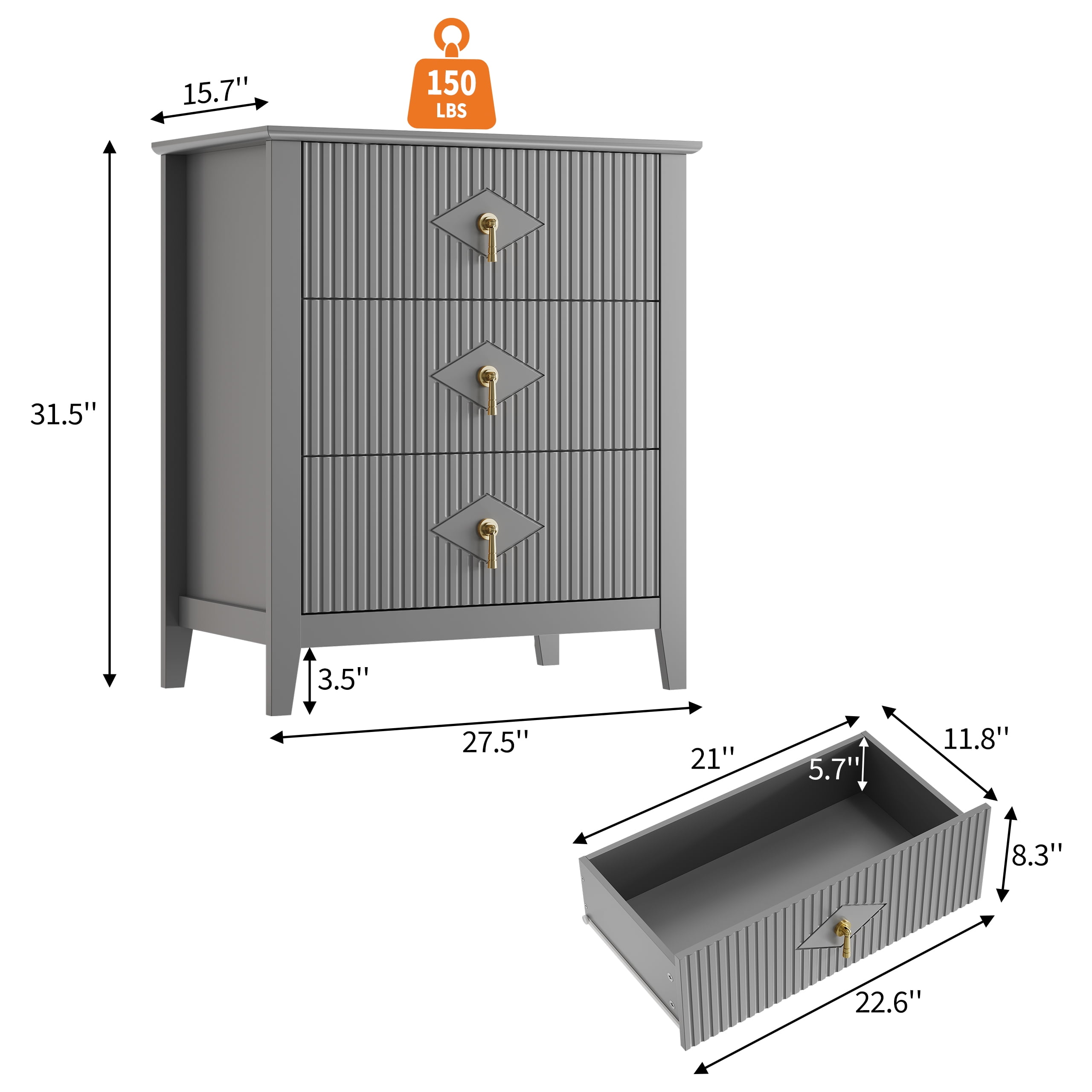 Gray Fluted Dresser for Bedroom, 32 Inch Wide Nightstand with Large Drawer, 3 Drawer End Table for Bedroom, Living Rooms, Offices, and Entryways
