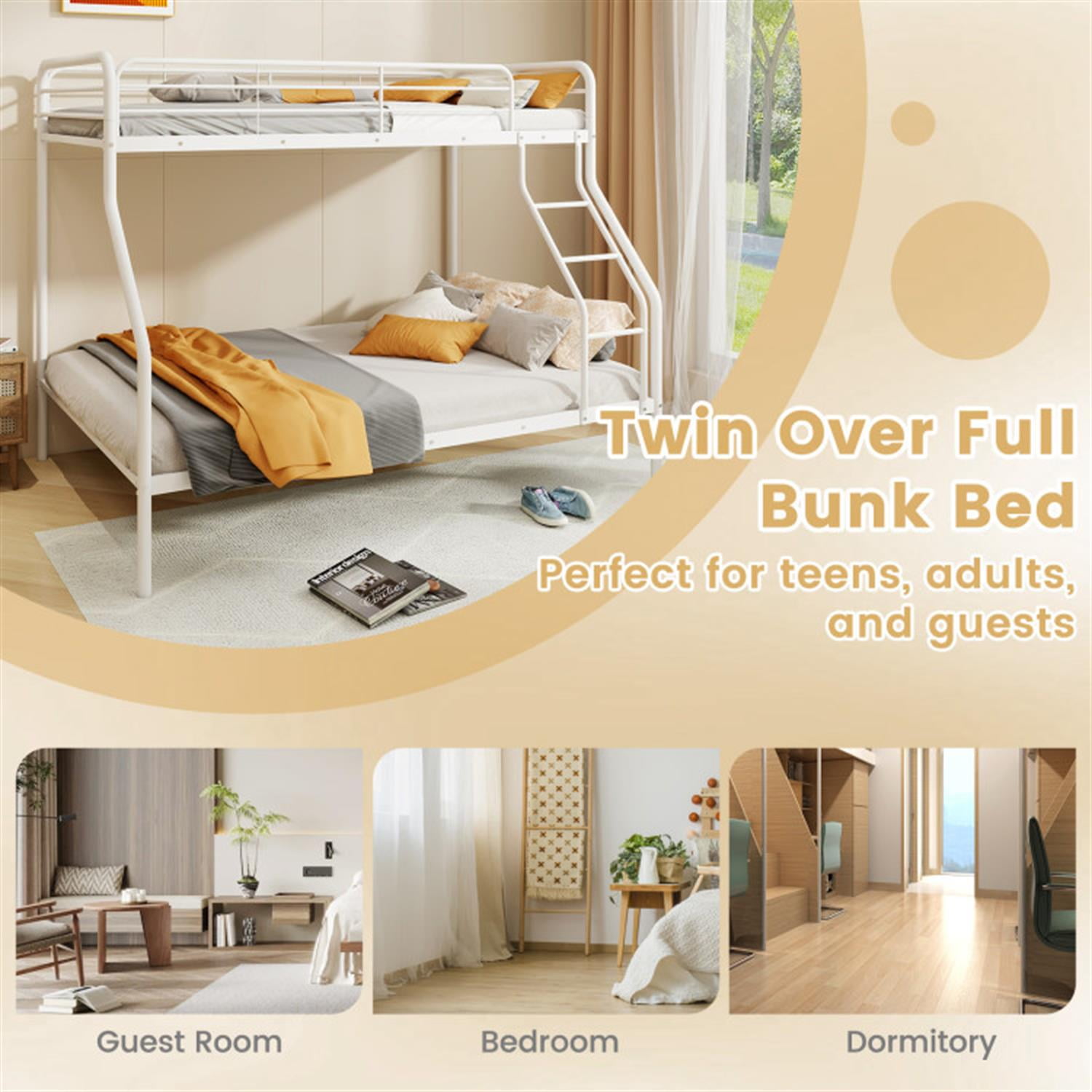 Demi Bonn Twin Over Full Bunk Bed with Ladder and Full-length Guardrails, Metal Bunkbeds for Bedroom, No Box Spring Needed, White