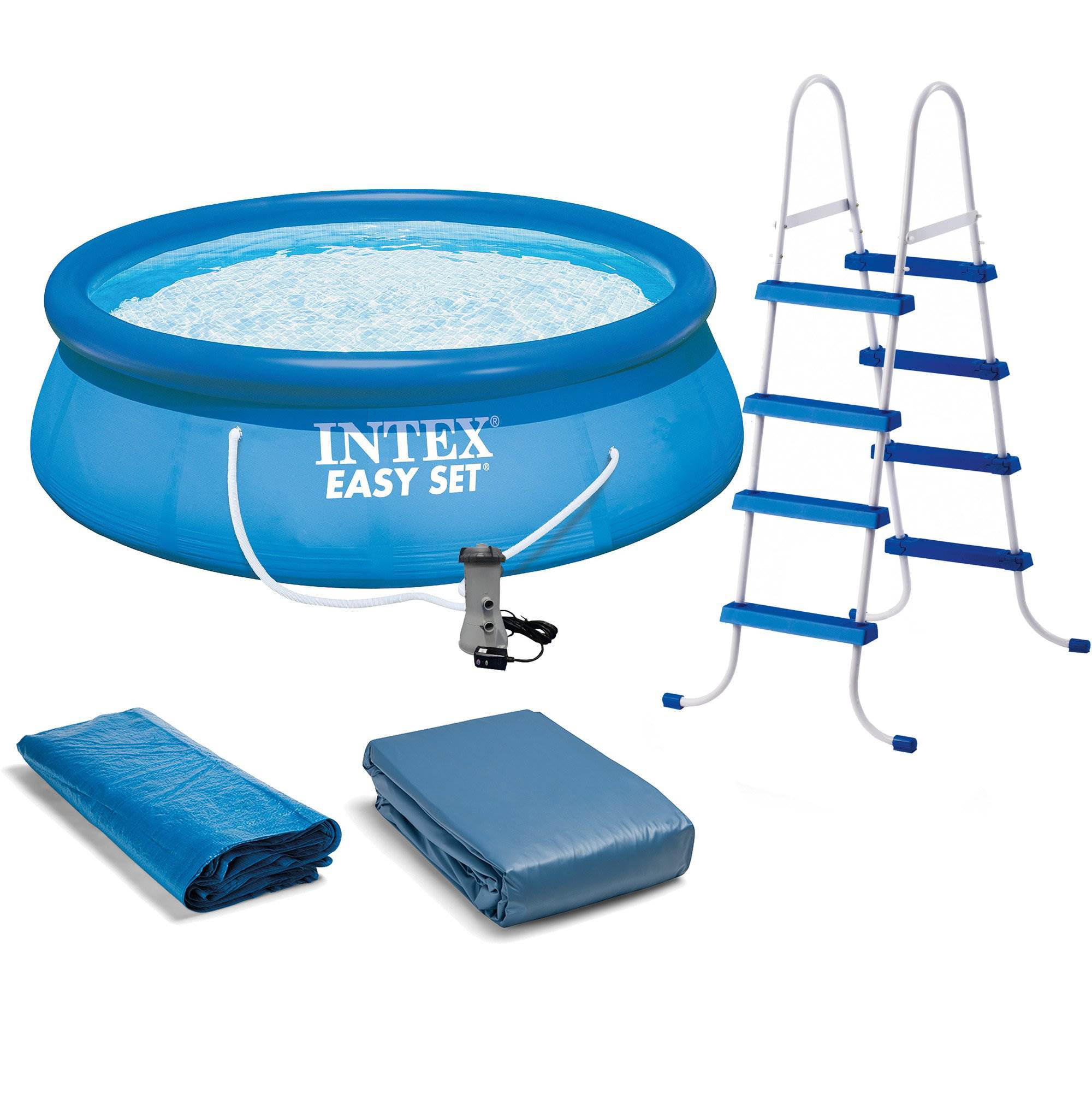 Intex 15ft X 48in Easy Set Pool Set with Filter Pump Ladder Ground Cloth & Pool Cover & Poolmaster 22211 Smart 4-Way Swimming Pool and Spa Water Chemistry Test Strips 1 Pack White and Yellow 