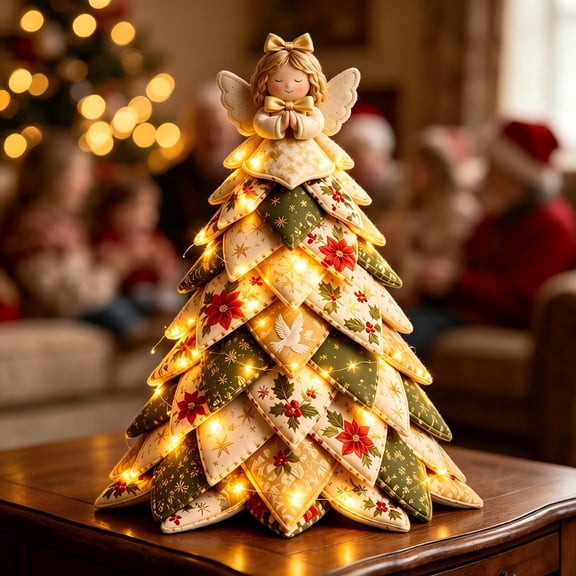 DIY Christmas Quilted Fabric Tree Kit Pre-lit Fabric Desktop Tree with 3D Angel Topper Lighted Poinsettia Patterns Tabletop Centerpiece for Cozy Winter Office Decor