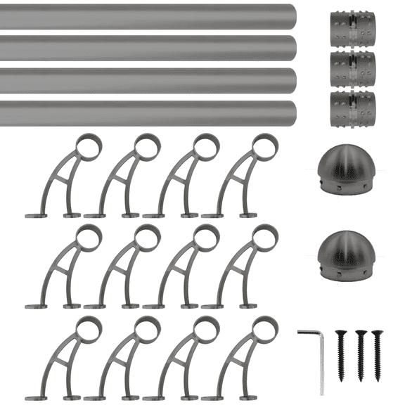 Wall Bar Mount Foot Rail Kit, Dark Gray Finish Stainless Steel Tubing w/Internal Connector, Bar Foot Rail Brackets, Domed End Cap, 30 ft = 90 in x 4