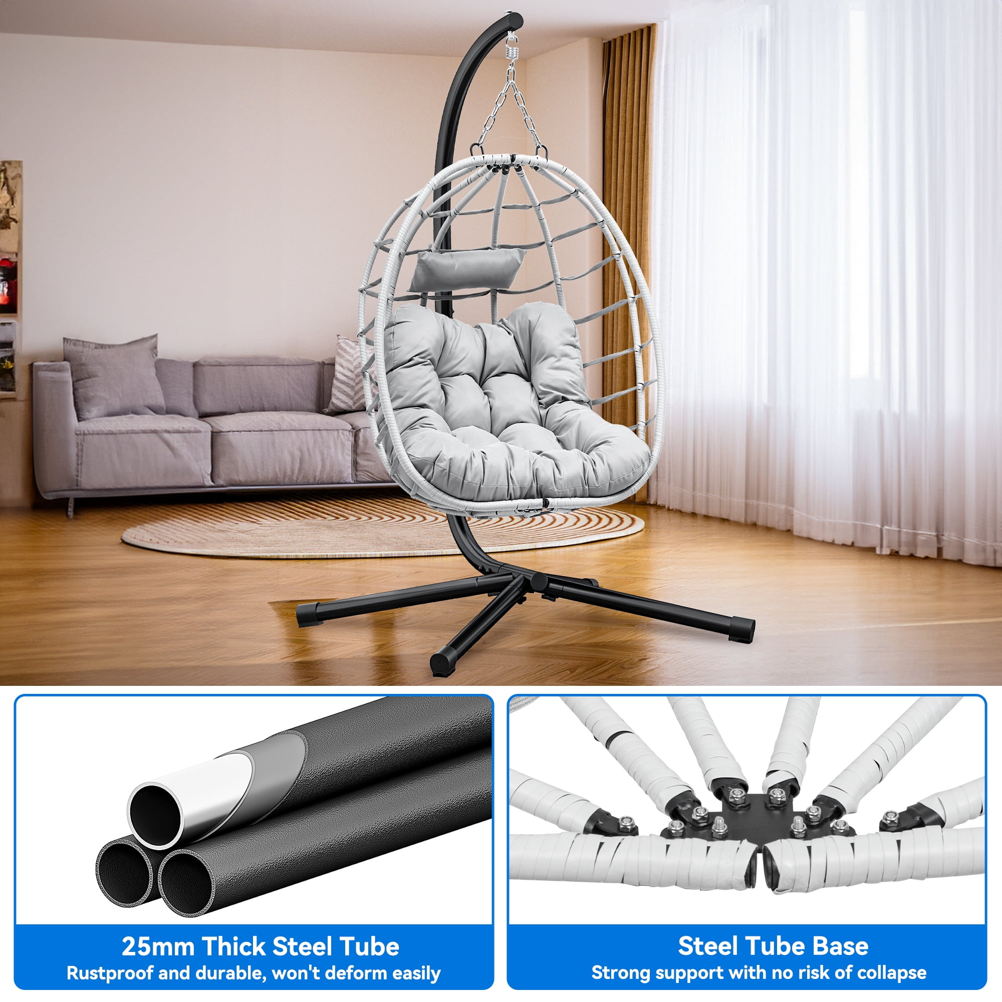 Uforic Egg Chair Swing Hanging Outdoor Wicker Hammock Chairs Indoor with Steel Stand UV Resistant Cushion 330lbs for Patio, Bedroom, Garden and Balcony - Gray