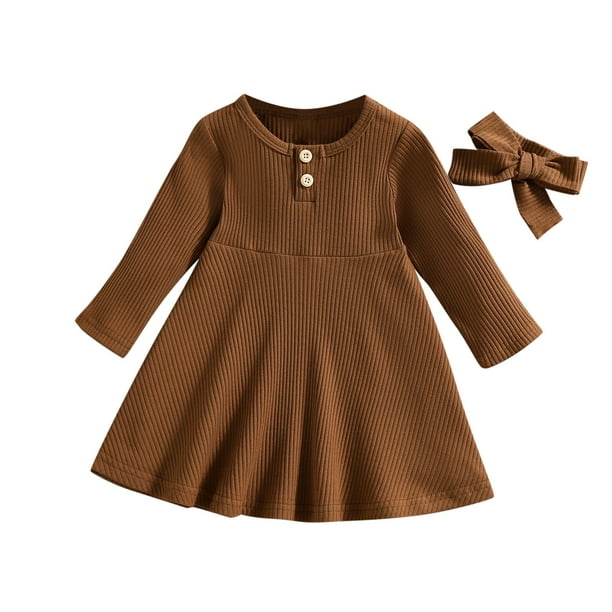 Odeerbi Niñas Punto Canalé A-Línea Vestido Primavera Algodón Cuello Redondo Botón Color Sólido Manga Larga Vestido