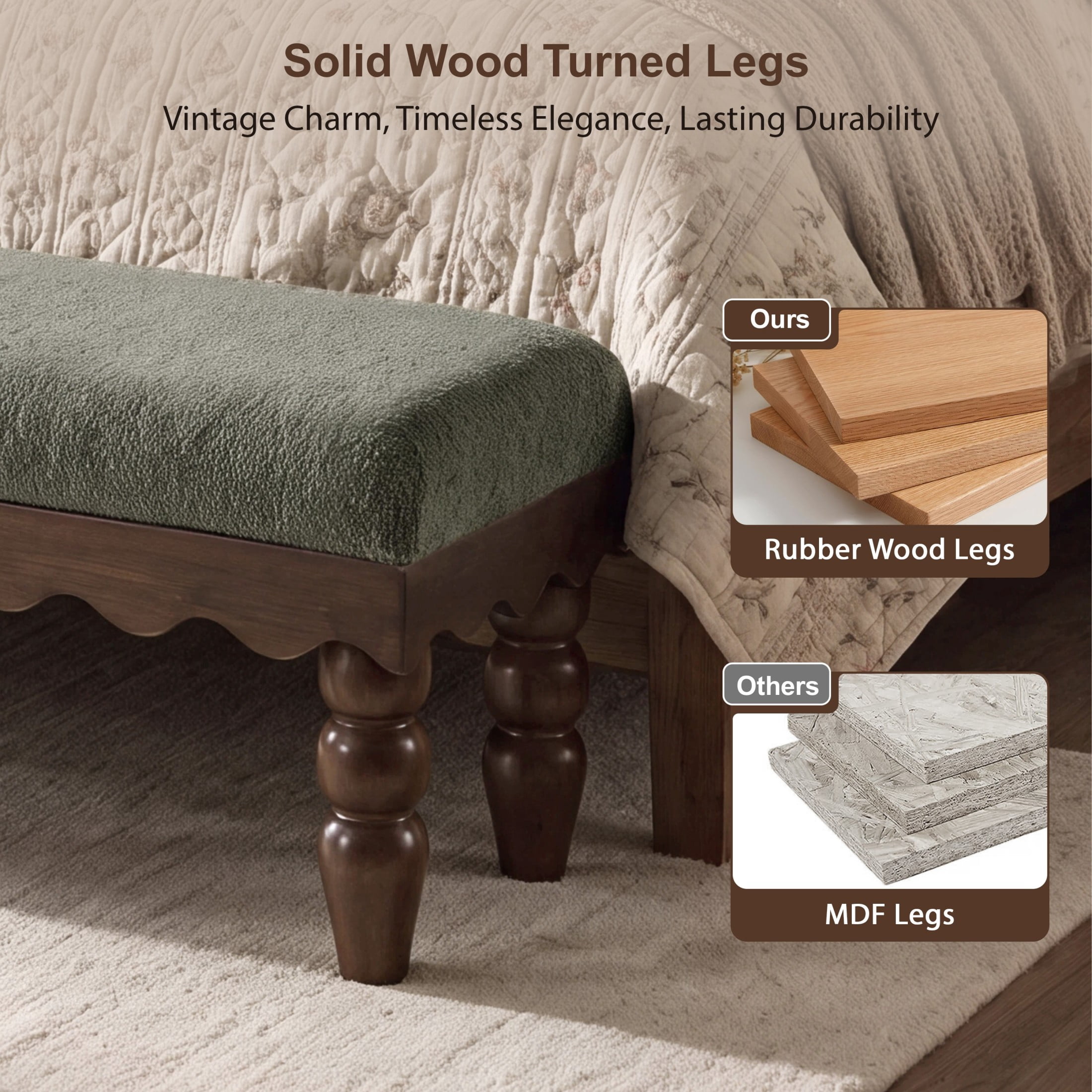 Christopher Knight Home Vintage Boucle Fabric Bench, Wave Trim Ottoman with Solid Wood Legs, Olive Green