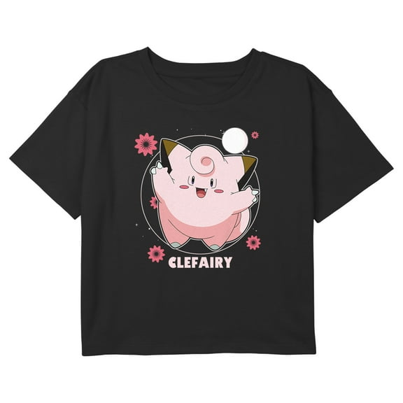Girl's Pokemon Clefairy Moonlit Dance Graphic Cropped T-Shirt Black X Small