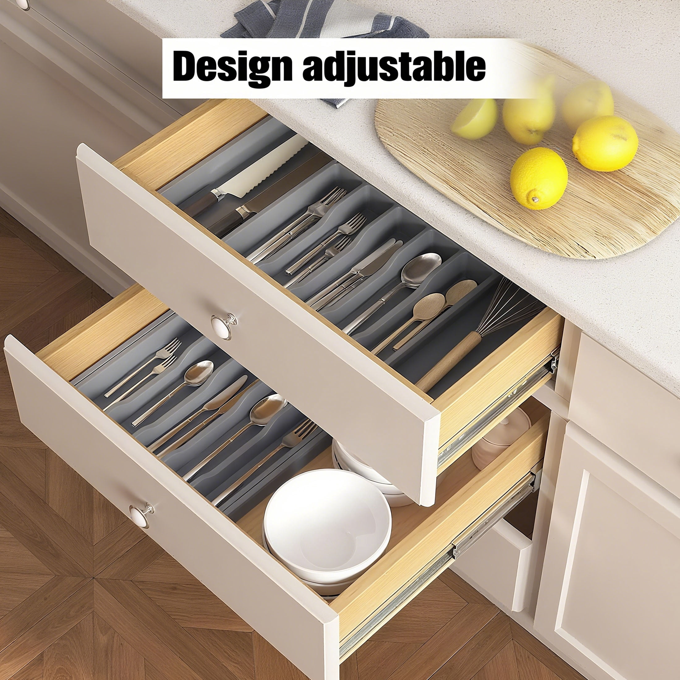 ORFELD Extendable Utensil Tray for Drawer,Multipurpose Kitchen Organizers and Storage Solution，Adjustable BPA-Free Cutlery Holder for Spoons, Forks, Grey