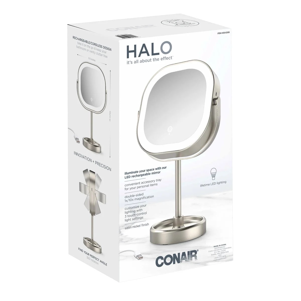 Conair Halo LED Double Sided 1x/10x Vanity Mirror 360° Rotation USB Rechargeable