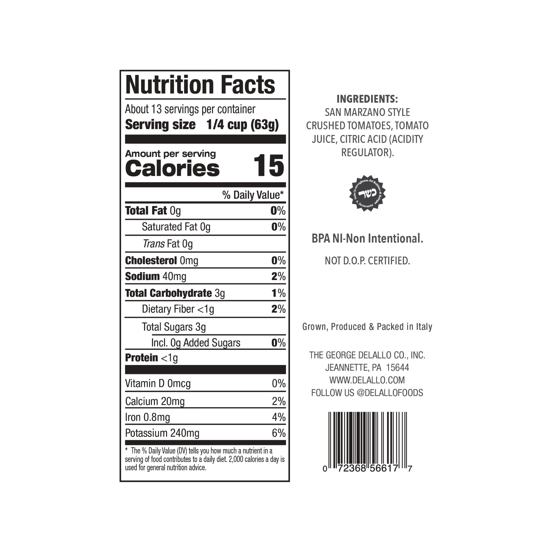 DeLallo San Marzano Style Crushed Tomatoes, Non-GMO, Product of Italy, 28 oz Can, 3 Pack