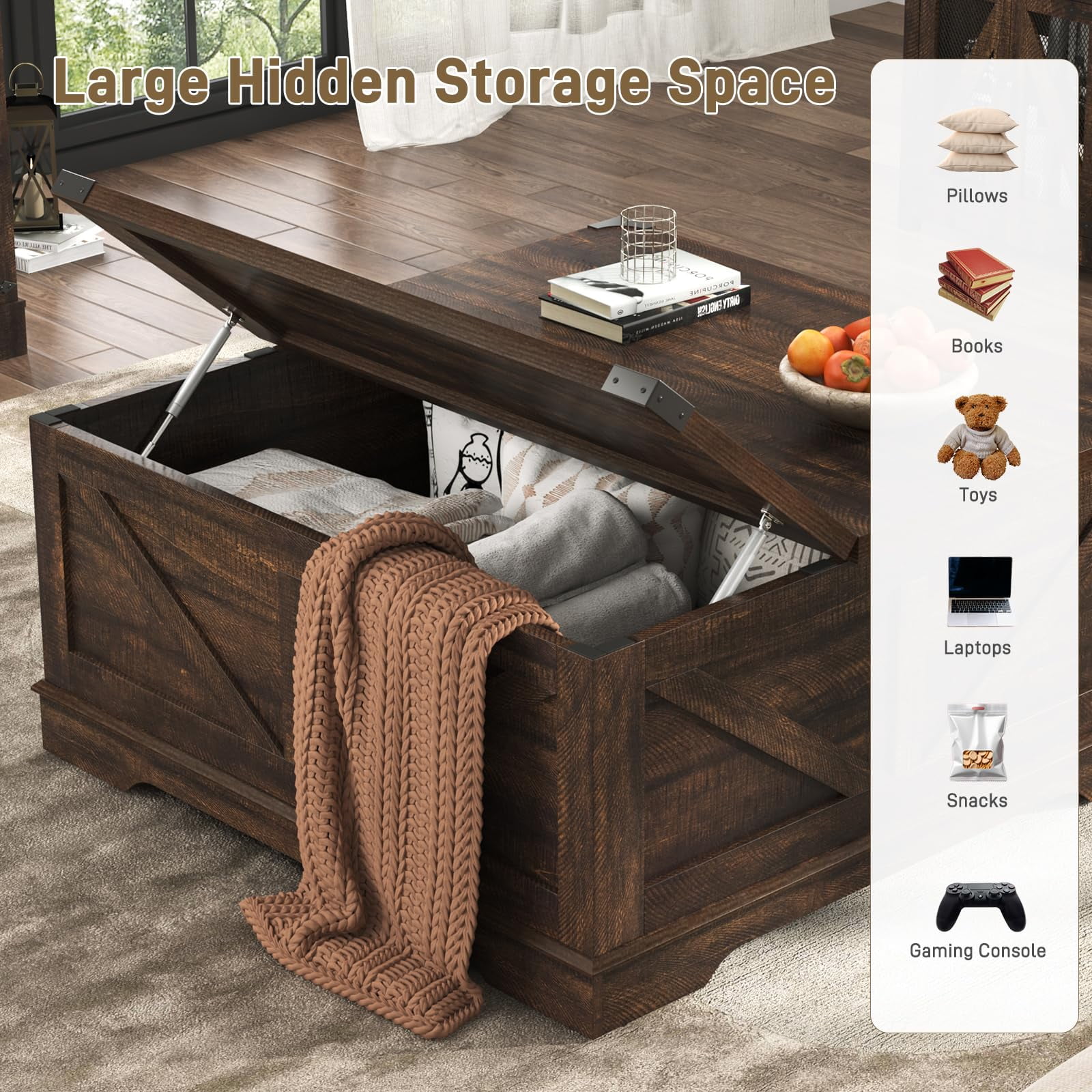 40" Large Farmhouse Lift Top Coffee Table with Power Outlets, Square Wood Living Room Table with Large Hidden Storage, Multi-Function Lift Wooden Barn Door Center Table, Brown