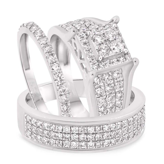 Bluebell Jewels 2 Ctw Brilliant Moissanite 14K White Gold Plated His & Her Trio Ring Set