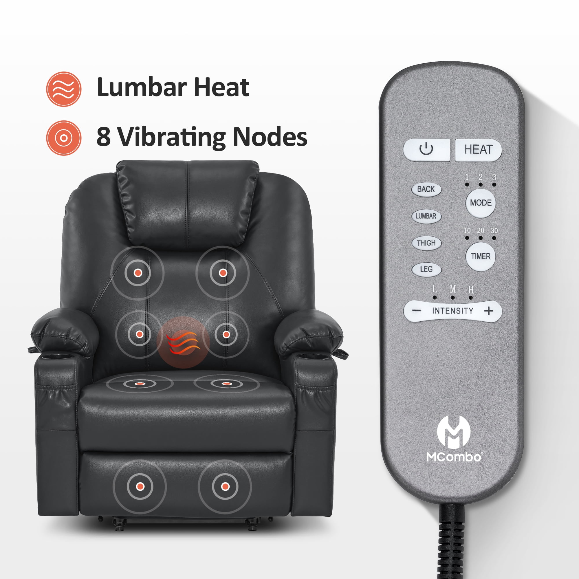 MCombo Large-Wide Power Lift Recliner Chair Sofa with Massage and Heat for Elderly People, Cup Holders, USB&Type C Ports, Side Pockets, Faux Leather (Black, Large-Wide)