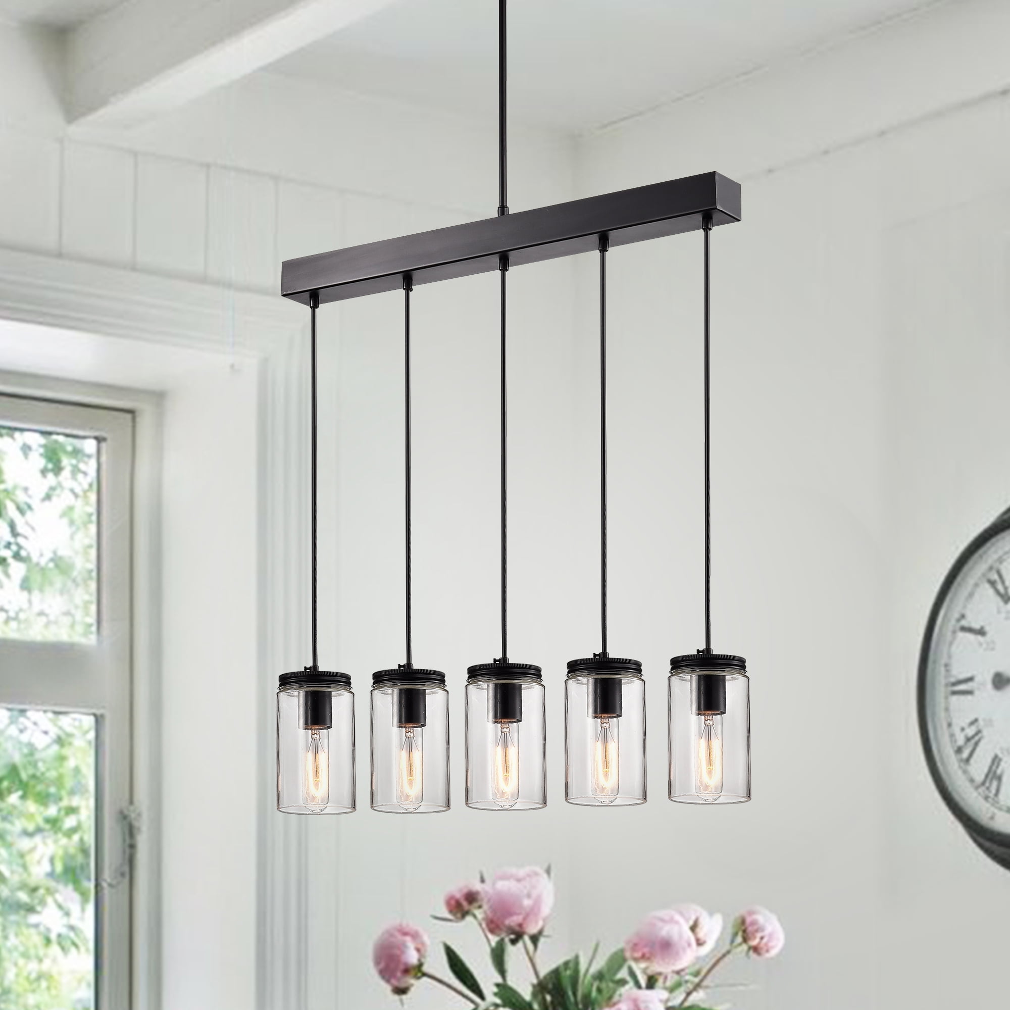 Nando Matte Black 5 Light Linear Chandelier With Clear Glass Jar Shades