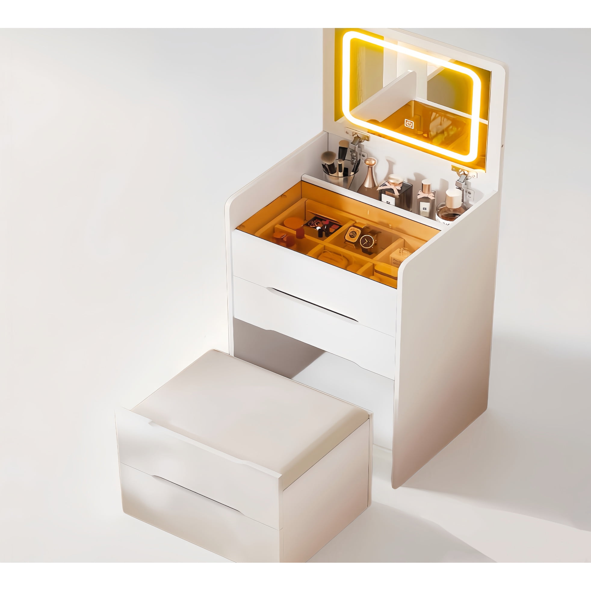 Compact Makeup Vanity With Visible Desktop And Drawer , White Bedroom Furniture, Functional Beauty Station Flip Top Lighted Mirror Internal Space, Dressing Desk, Elegant Furniture