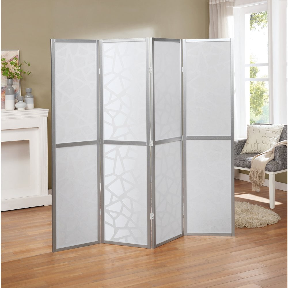 Roundhill Furniture Giyano Rice Paper/Wood 4-Panel Screen Room Divider in Sliver
