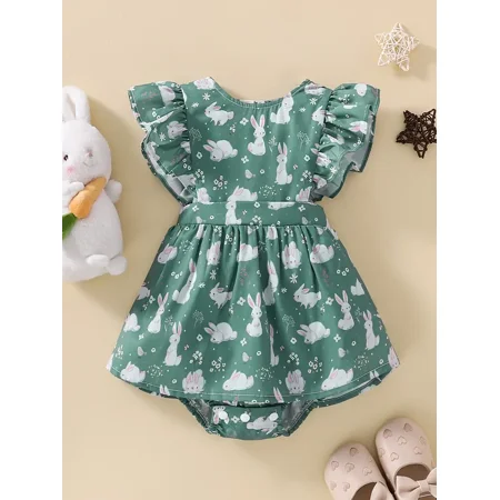 

Baby Girls Casual Cute Rabbit Ruffled Romper For Summer Easter Party