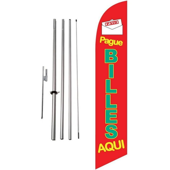 Pague Billes Aqui 15 foot Outdoor Advertising Feather Banner Swooper Flag Kit with Pole and Ground Spike