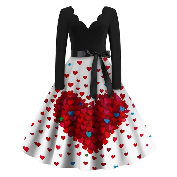 Fgvctg Womens Valentine's Day Date Night Dress Vintage Cocktail Cute Heart Graphic Vintage Cocktail Dresses Plus Size V Neck 50's Dress Long Sleeve Dressy Romantic Outfits White XL