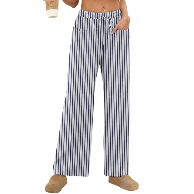 Amzcrzy Pantalones Mujer A Rayas Informales Cintura Alta Cordón Elástico Tipo Bóxer Cómodos Holgados Anchos Con Bolsillos Tallas S-2XL Azul