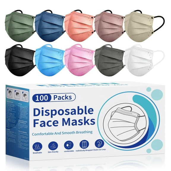 Disposable Face Mask For Adults - Travel Essentials, 100 Pack Individually Wrapped, 4 Ply Protection,Safety Masks Disposable