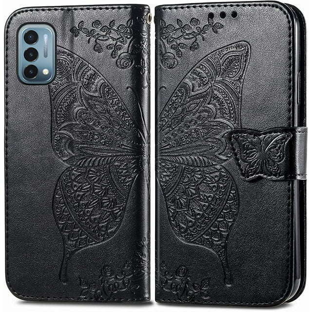 Étui à Rabat, Fleurs Embossées Papillon en Cuir PU, Étui à Rabat Magnétique avec Support, Porte-Cartes, Dragonne, Portefeuille, Sac à Main pour iPhone 12 / 12Pro 6.1 (Noir)