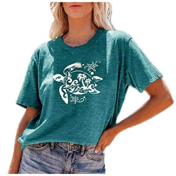 Womens Tops Shirts Casual Sea Turtles Printing Crew Neck Short Sleeve Fall Clothes for Women Tees Blouses Green Size M