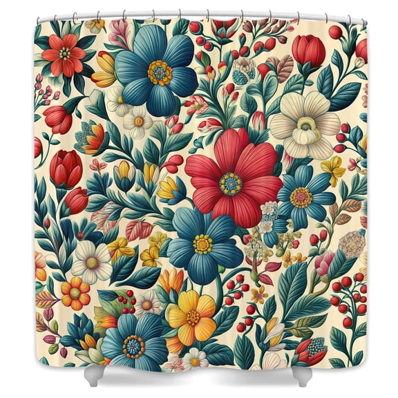 Boho Floral Shower Curtain,Vintage Botanical Bathroom Decor,Elegant Rustic Red Blue Yellow Flowers Colorful Fabric Bathtub Curtain with Hooks,69X70 in
