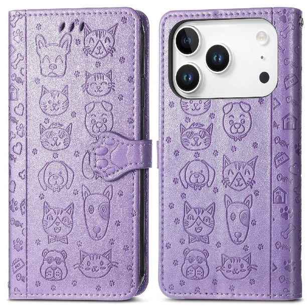 Funda Cartera FOXDOCK para iPhone 17 Pro , Flip PU con Relieve de Gatos y Perros, Tarjetero y Soporte