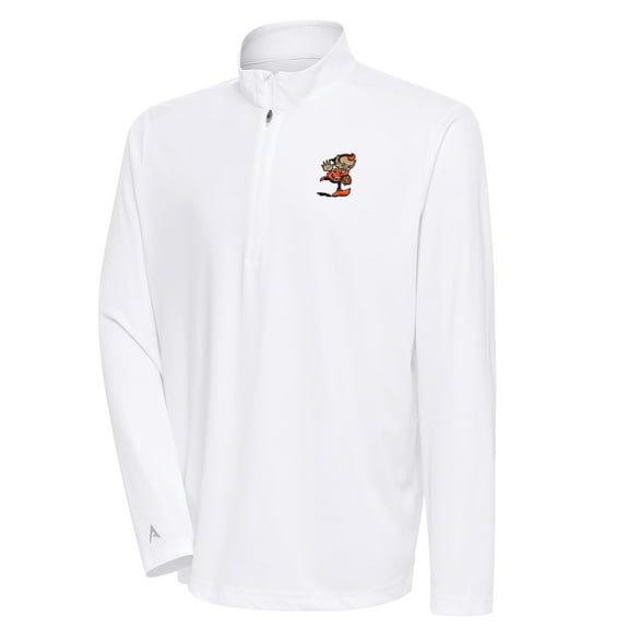 Men's Antigua White Cleveland Browns Team Logo Tribute Quarter-Zip Pullover Top